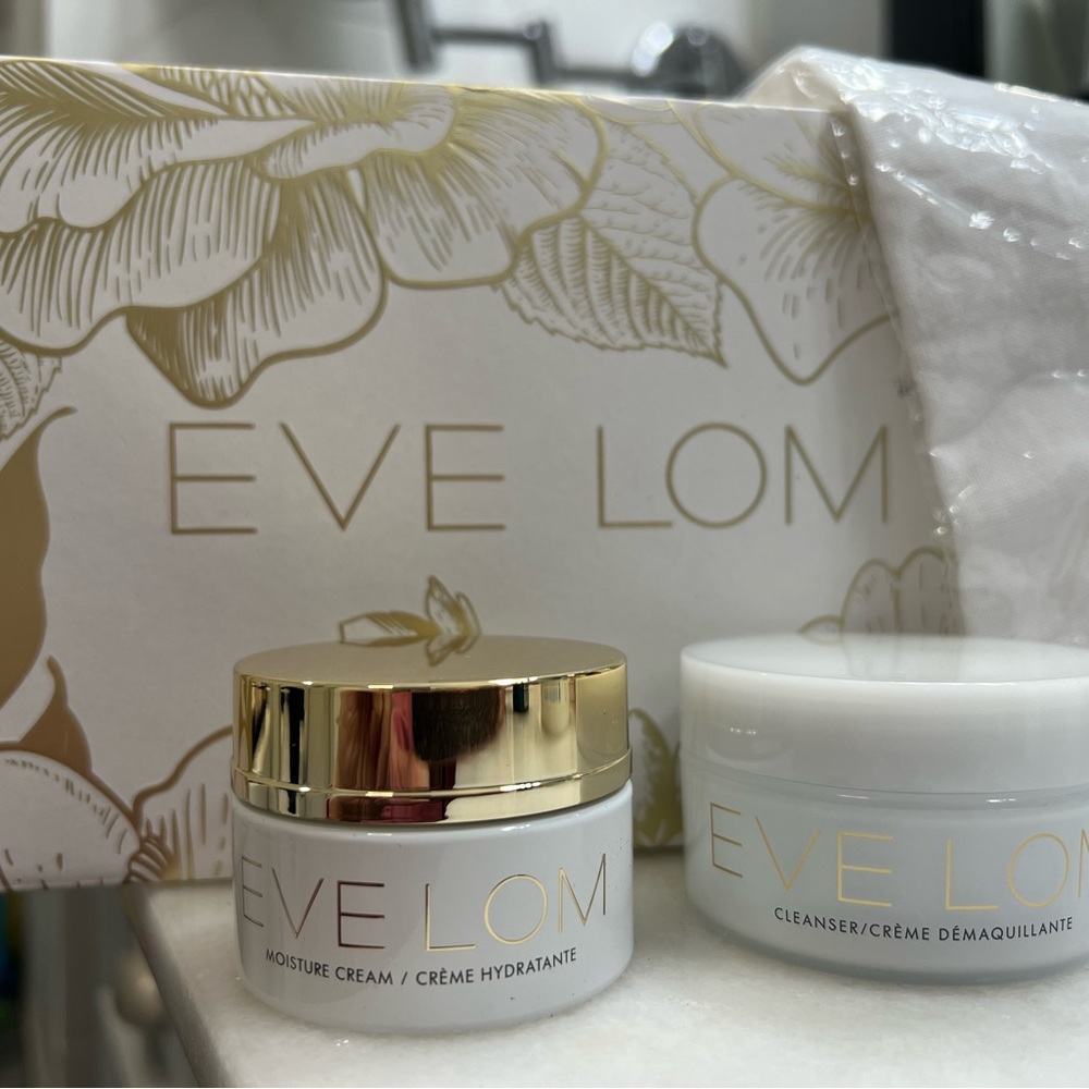 Eve Lom cleanser, moisture cream, and muslin cloth